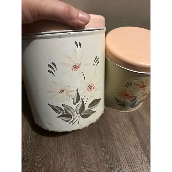 Vtg NC Colorware 60s Metal Kitchen Canister Set of 3 Flowers Beige Peach MCM - Picture 4 of 16